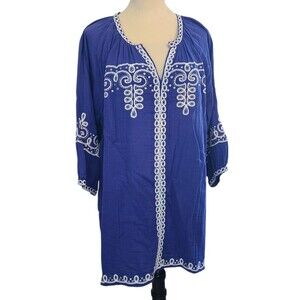 Soft Surroundings Womens 1X Blue Tunic White Embroidred Boho Cottagecore Artsy